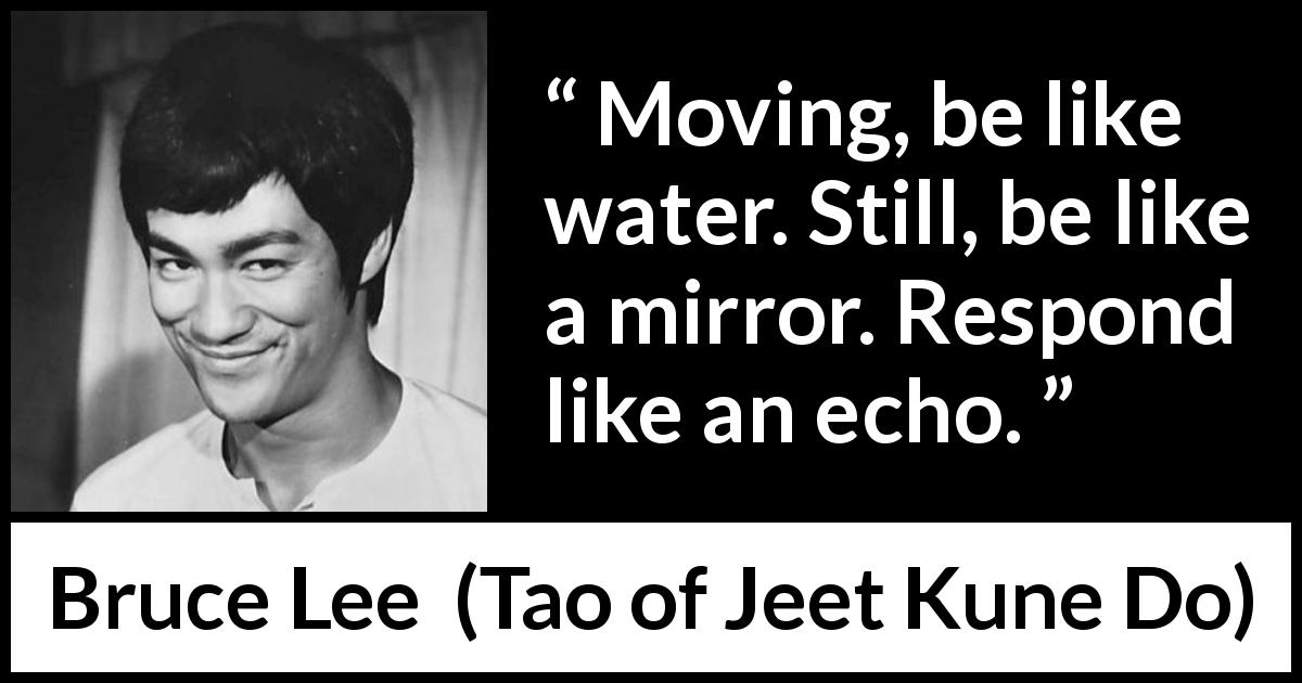 Bruce Lee quote about water from Tao of Jeet Kune Do - Moving, be like water. Still, be like a mirror. Respond like an echo.