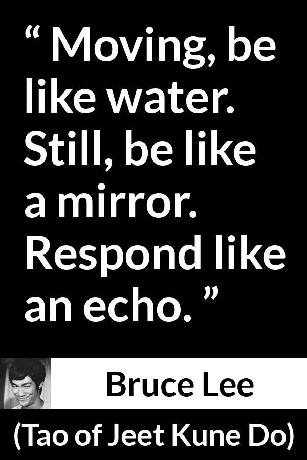 Bruce Lee quote about water from Tao of Jeet Kune Do - Moving, be like water. Still, be like a mirror. Respond like an echo.