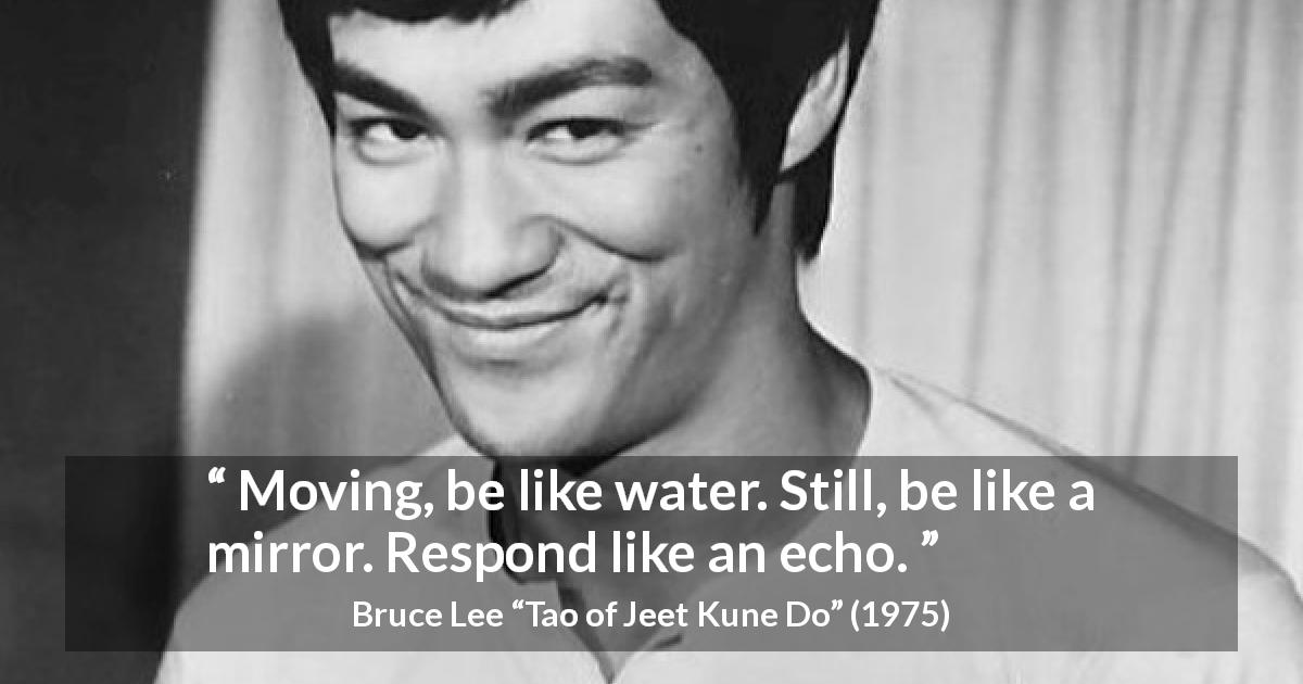 Bruce Lee quote about water from Tao of Jeet Kune Do - Moving, be like water. Still, be like a mirror. Respond like an echo.