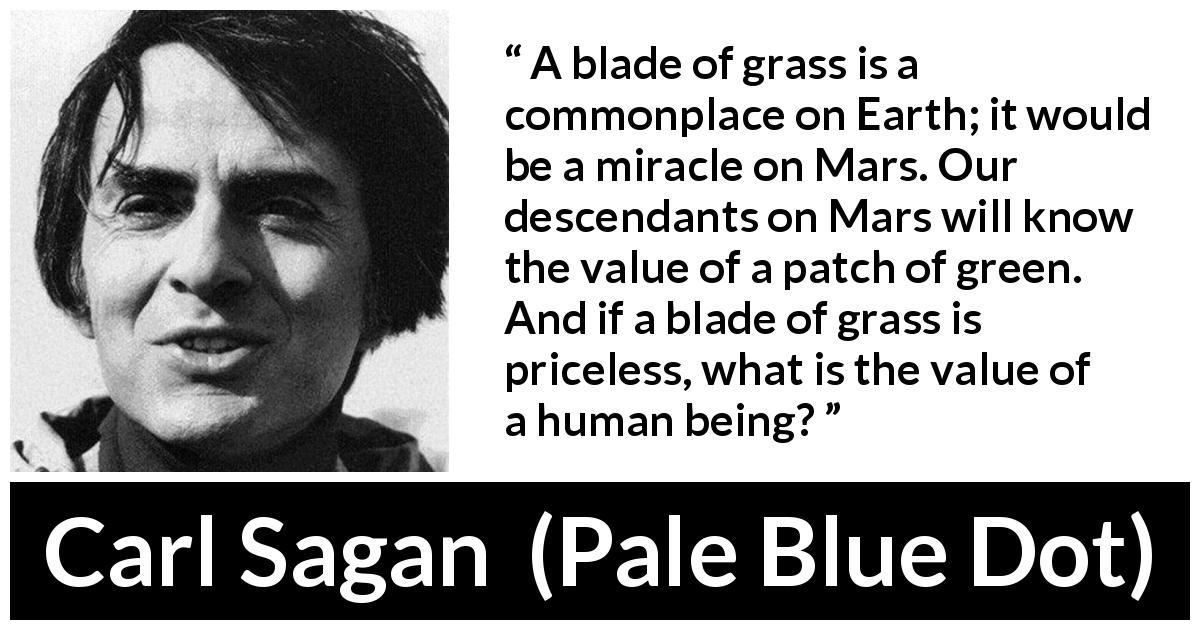 Carl Sagan quote about humanity from Pale Blue Dot - A blade of grass is a commonplace on Earth; it would be a miracle on Mars. Our descendants on Mars will know the value of a patch of green. And if a blade of grass is priceless, what is the value of a human being?