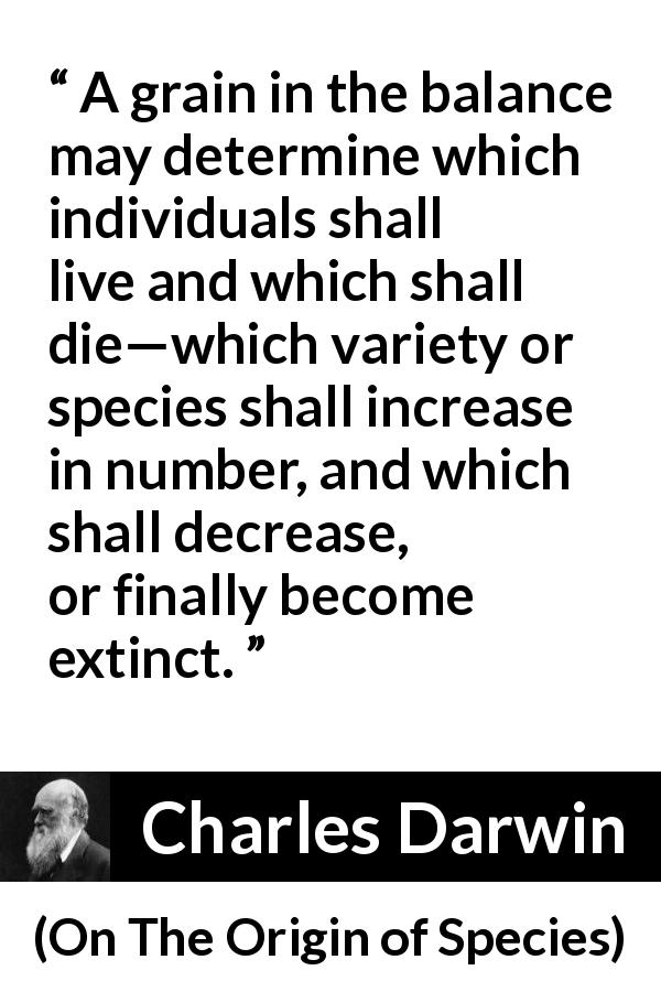 Charles Darwin quote about death from On The Origin of Species - A grain in the balance may determine which individuals shall live and which shall die—which variety or species shall increase in number, and which shall decrease, or finally become extinct.