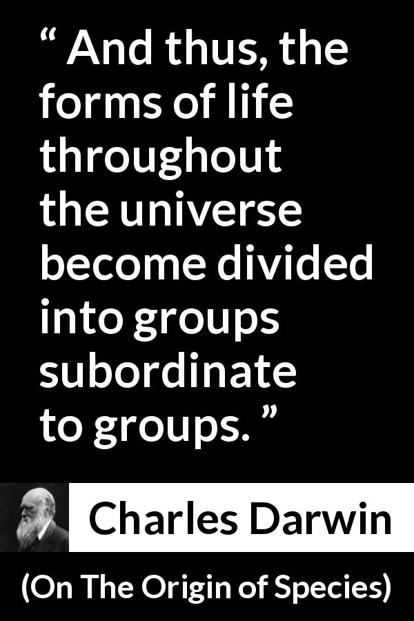 Charles Darwin quote about life from On The Origin of Species - And thus, the forms of life throughout the universe become divided into groups subordinate to groups.