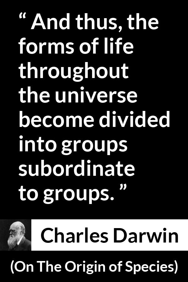 Charles Darwin quote about life from On The Origin of Species - And thus, the forms of life throughout the universe become divided into groups subordinate to groups.