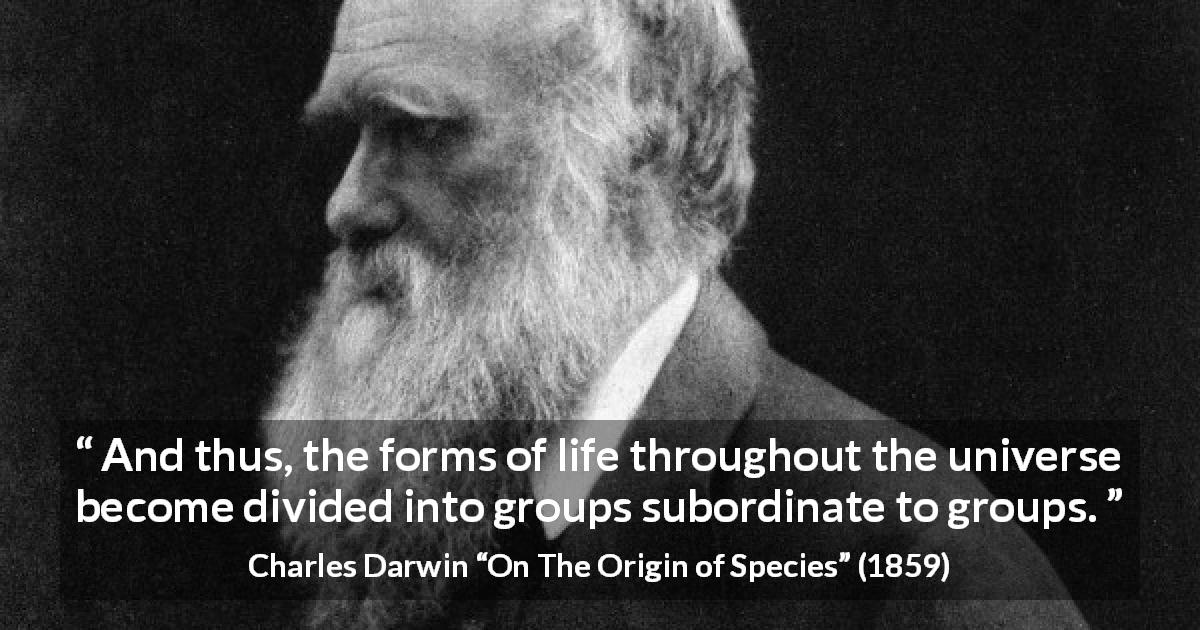 Charles Darwin quote about life from On The Origin of Species - And thus, the forms of life throughout the universe become divided into groups subordinate to groups.