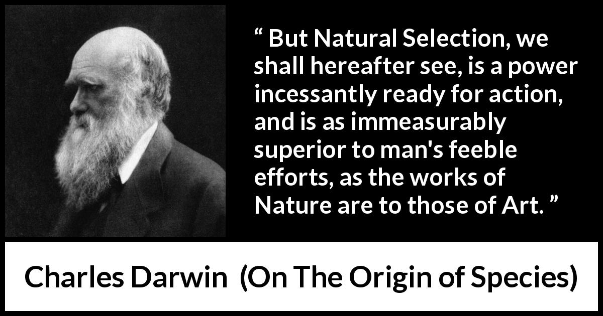 Charles Darwin quote about man from On The Origin of Species - But Natural Selection, we shall hereafter see, is a power incessantly ready for action, and is as immeasurably superior to man's feeble efforts, as the works of Nature are to those of Art.