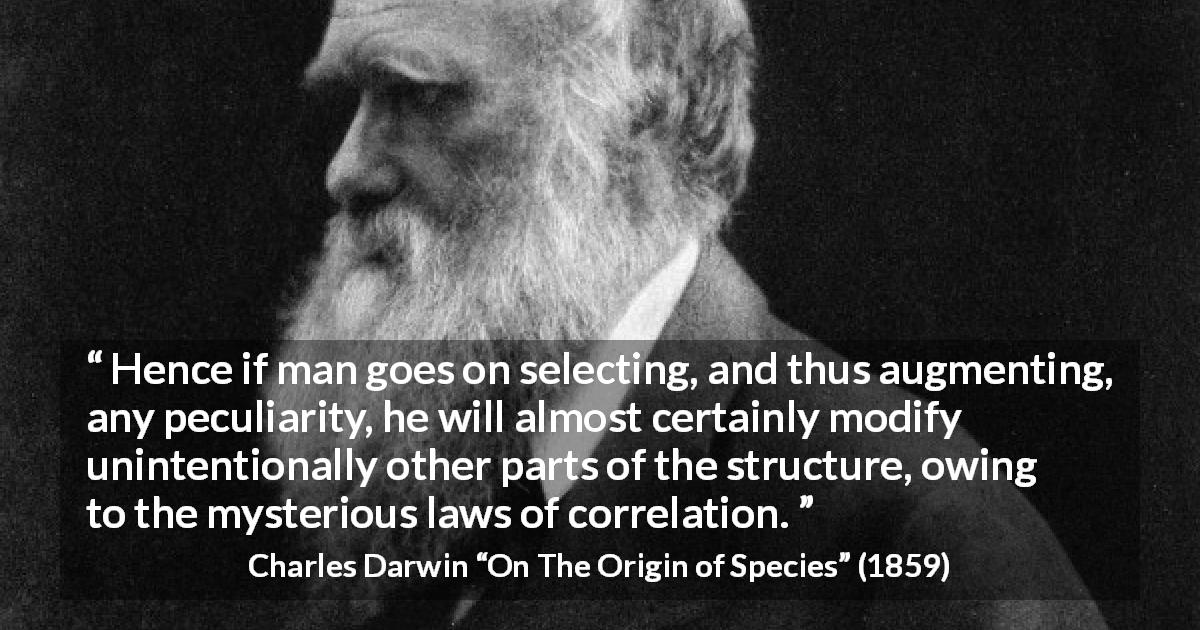 Charles Darwin quote about selection from On The Origin of Species - Hence if man goes on selecting, and thus augmenting, any peculiarity, he will almost certainly modify unintentionally other parts of the structure, owing to the mysterious laws of correlation.