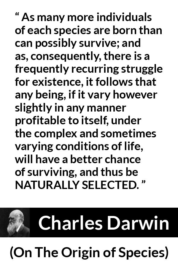 Charles Darwin quote about struggle from On The Origin of Species - As many more individuals of each species are born than can possibly survive; and as, consequently, there is a frequently recurring struggle for existence, it follows that any being, if it vary however slightly in any manner profitable to itself, under the complex and sometimes varying conditions of life, will have a better chance of surviving, and thus be NATURALLY SELECTED.