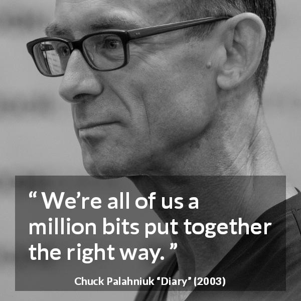 Chuck Palahniuk quote about humanity from Diary - We’re all of us a million bits put together the right way.