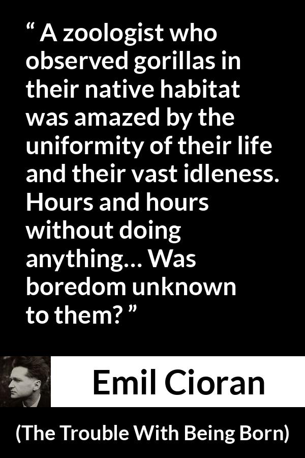 Emil Cioran quote about boredom from The Trouble With Being Born - A zoologist who observed gorillas in their native habitat was amazed by the uniformity of their life and their vast idleness. Hours and hours without doing anything… Was boredom unknown to them?