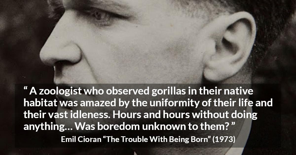 Emil Cioran quote about boredom from The Trouble With Being Born - A zoologist who observed gorillas in their native habitat was amazed by the uniformity of their life and their vast idleness. Hours and hours without doing anything… Was boredom unknown to them?