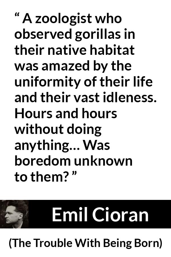 Emil Cioran quote about boredom from The Trouble With Being Born - A zoologist who observed gorillas in their native habitat was amazed by the uniformity of their life and their vast idleness. Hours and hours without doing anything… Was boredom unknown to them?