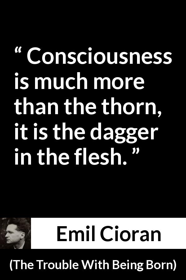 Emil Cioran quote about suffering from The Trouble With Being Born - Consciousness is much more than the thorn, it is the dagger in the flesh.