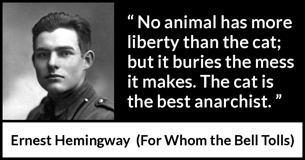 Ernest Hemingway quote about responsibility from For Whom the Bell Tolls - No animal has more liberty than the cat; but it buries the mess it makes. The cat is the best anarchist.