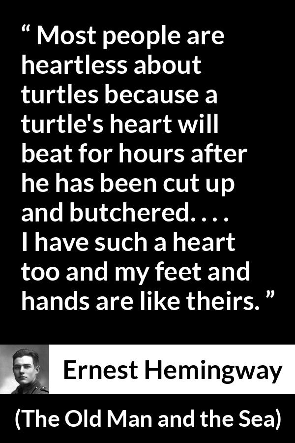 Ernest Hemingway quote about turtle from The Old Man and the Sea - Most people are heartless about turtles because a turtle's heart will beat for hours after he has been cut up and butchered. . . . I have such a heart too and my feet and hands are like theirs.