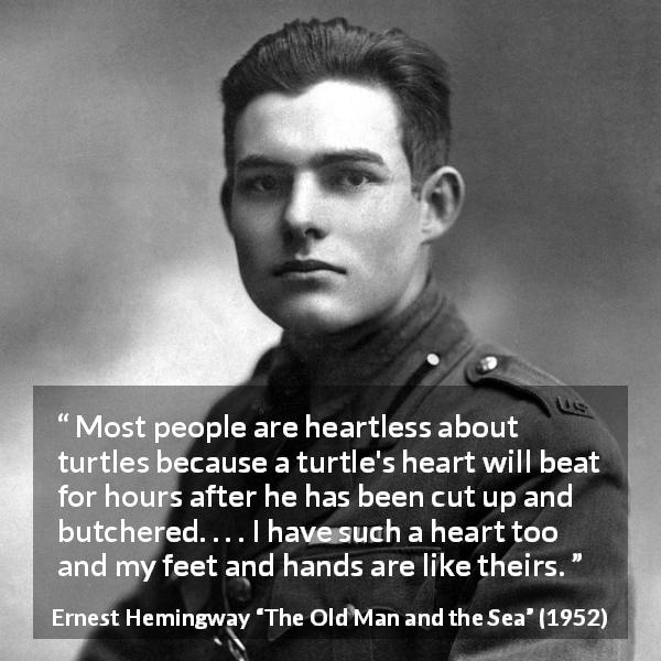 Ernest Hemingway quote about turtle from The Old Man and the Sea - Most people are heartless about turtles because a turtle's heart will beat for hours after he has been cut up and butchered. . . . I have such a heart too and my feet and hands are like theirs.