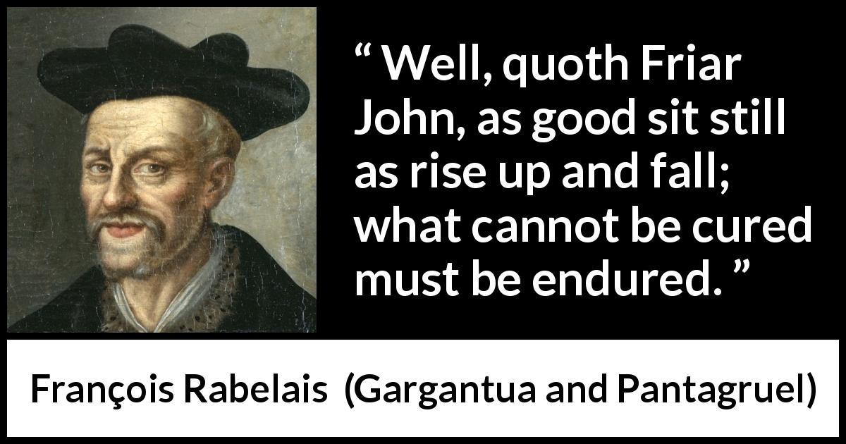 François Rabelais quote about suffering from Gargantua and Pantagruel - Well, quoth Friar John, as good sit still as rise up and fall; what cannot be cured must be endured.