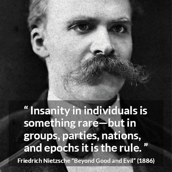 Friedrich Nietzsche quote about society from Beyond Good and Evil - Insanity in individuals is something rare—but in groups, parties, nations, and epochs it is the rule.