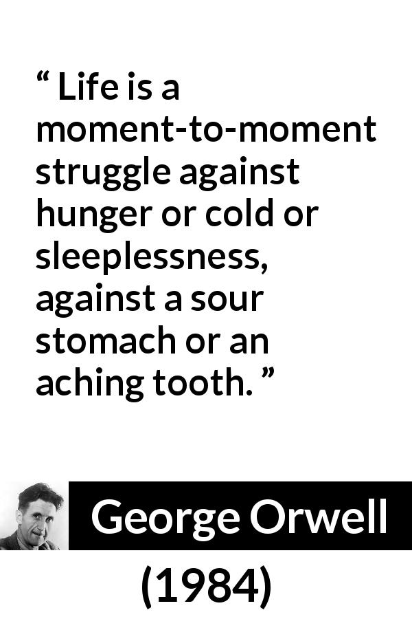 George Orwell quote about life from 1984 - Life is a moment-to-moment struggle against hunger or cold or sleeplessness, against a sour stomach or an aching tooth.