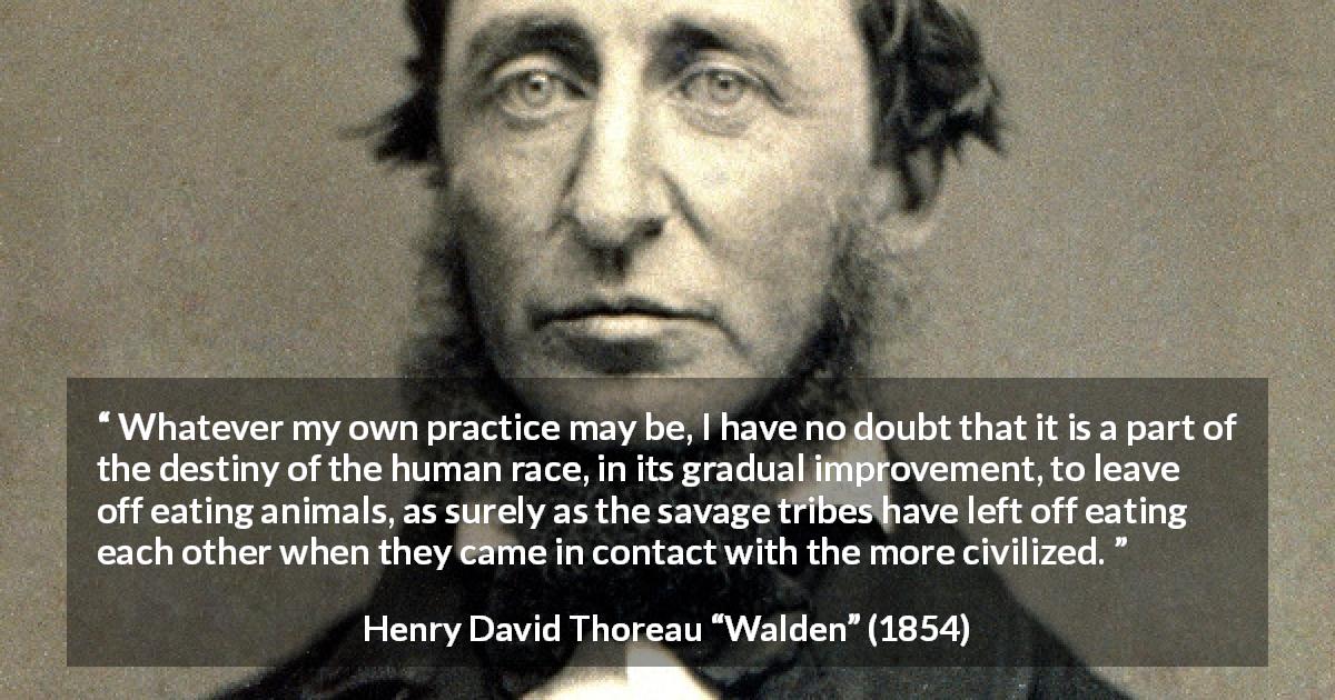Henry David Thoreau quote about civilization from Walden - Whatever my own practice may be, I have no doubt that it is a part of the destiny of the human race, in its gradual improvement, to leave off eating animals, as surely as the savage tribes have left off eating each other when they came in contact with the more civilized.