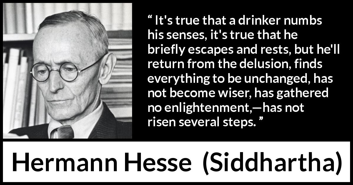 Hermann Hesse quote about wisdom from Siddhartha - It's true that a drinker numbs his senses, it's true that he briefly escapes and rests, but he'll return from the delusion, finds everything to be unchanged, has not become wiser, has gathered no enlightenment,—has not risen several steps.