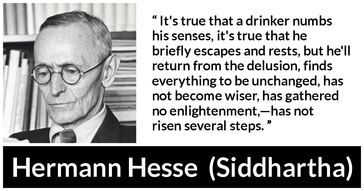 Hermann Hesse quote about wisdom from Siddhartha - It's true that a drinker numbs his senses, it's true that he briefly escapes and rests, but he'll return from the delusion, finds everything to be unchanged, has not become wiser, has gathered no enlightenment,—has not risen several steps.