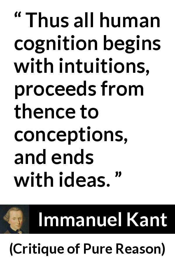 Immanuel Kant quote about intuition from Critique of Pure Reason - Thus all human cognition begins with intuitions, proceeds from thence to conceptions, and ends with ideas.