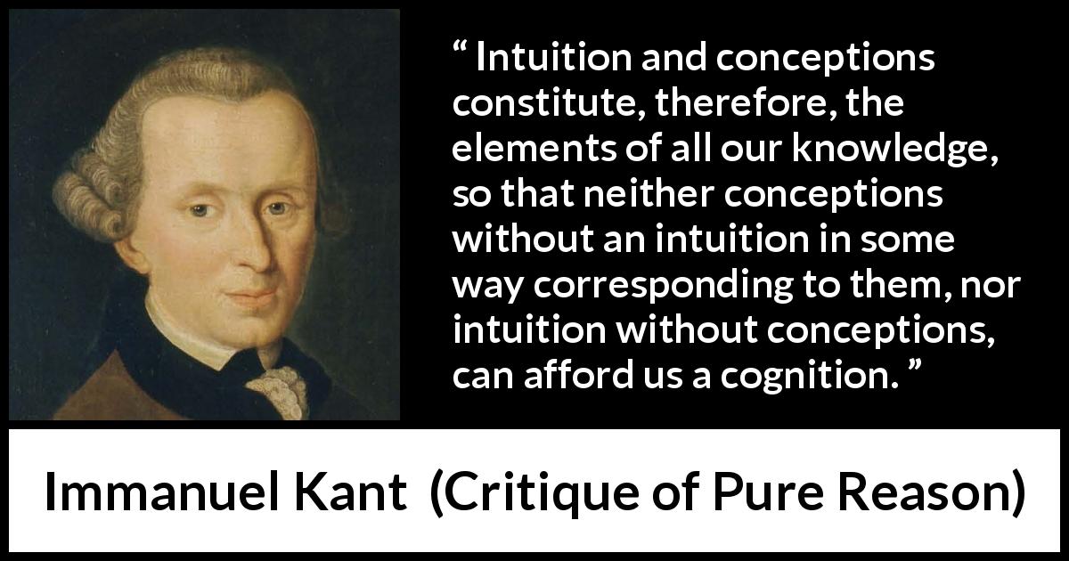 Immanuel Kant quote about knowledge from Critique of Pure Reason - Intuition and conceptions constitute, therefore, the elements of all our knowledge, so that neither conceptions without an intuition in some way corresponding to them, nor intuition without conceptions, can afford us a cognition.