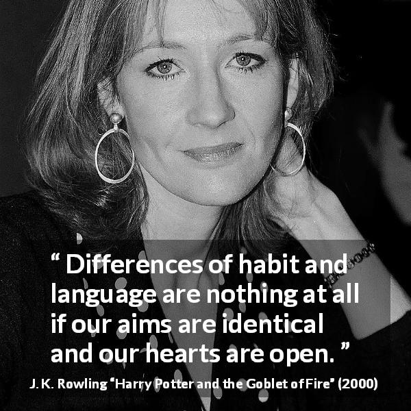J. K. Rowling quote about heart from Harry Potter and the Goblet of Fire - Differences of habit and language are nothing at all if our aims are identical and our hearts are open.
