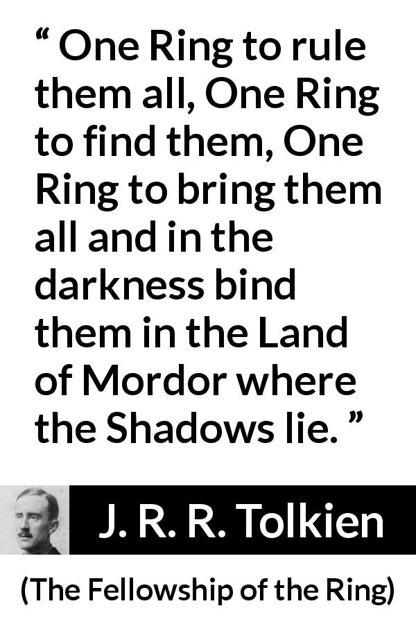 J. R. R. Tolkien quote about darkness from The Fellowship of the Ring - One Ring to rule them all, One Ring to find them, One Ring to bring them all and in the darkness bind them in the Land of Mordor where the Shadows lie.