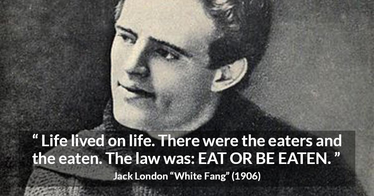 Jack London quote about life from White Fang - Life lived on life. There were the eaters and the eaten. The law was: EAT OR BE EATEN.