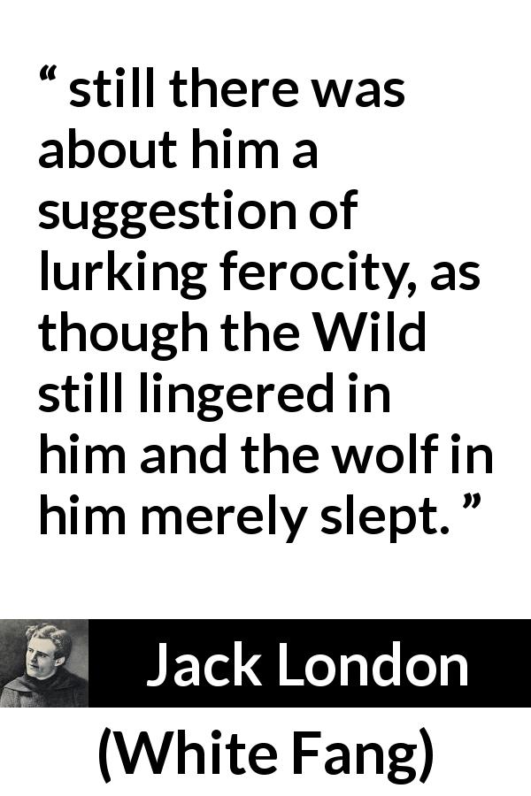 Jack London quote about wildness from White Fang - still there was about him a suggestion of lurking ferocity, as though the Wild still lingered in him and the wolf in him merely slept.