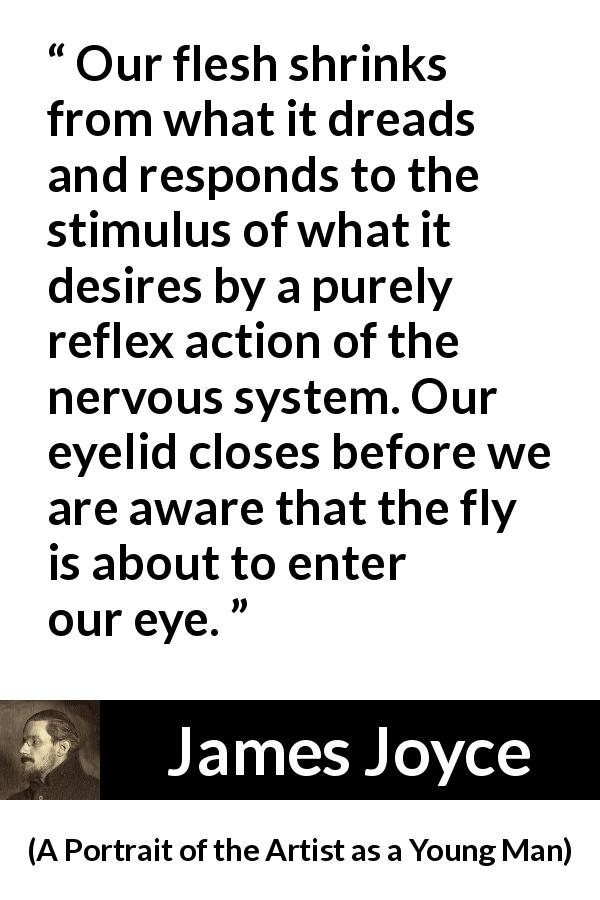 James Joyce quote about desire from A Portrait of the Artist as a Young Man - Our flesh shrinks from what it dreads and responds to the stimulus of what it desires by a purely reflex action of the nervous system. Our eyelid closes before we are aware that the fly is about to enter our eye.