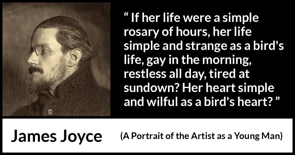 James Joyce quote about life from A Portrait of the Artist as a Young Man - If her life were a simple rosary of hours, her life simple and strange as a bird's life, gay in the morning, restless all day, tired at sundown? Her heart simple and wilful as a bird's heart?