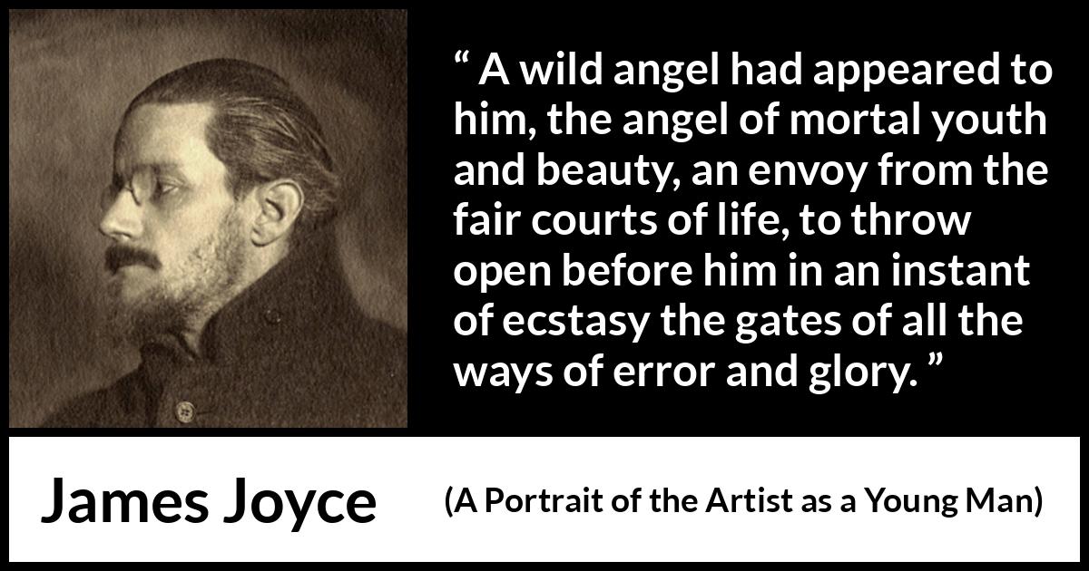 James Joyce quote about life from A Portrait of the Artist as a Young Man - A wild angel had appeared to him, the angel of mortal youth and beauty, an envoy from the fair courts of life, to throw open before him in an instant of ecstasy the gates of all the ways of error and glory.