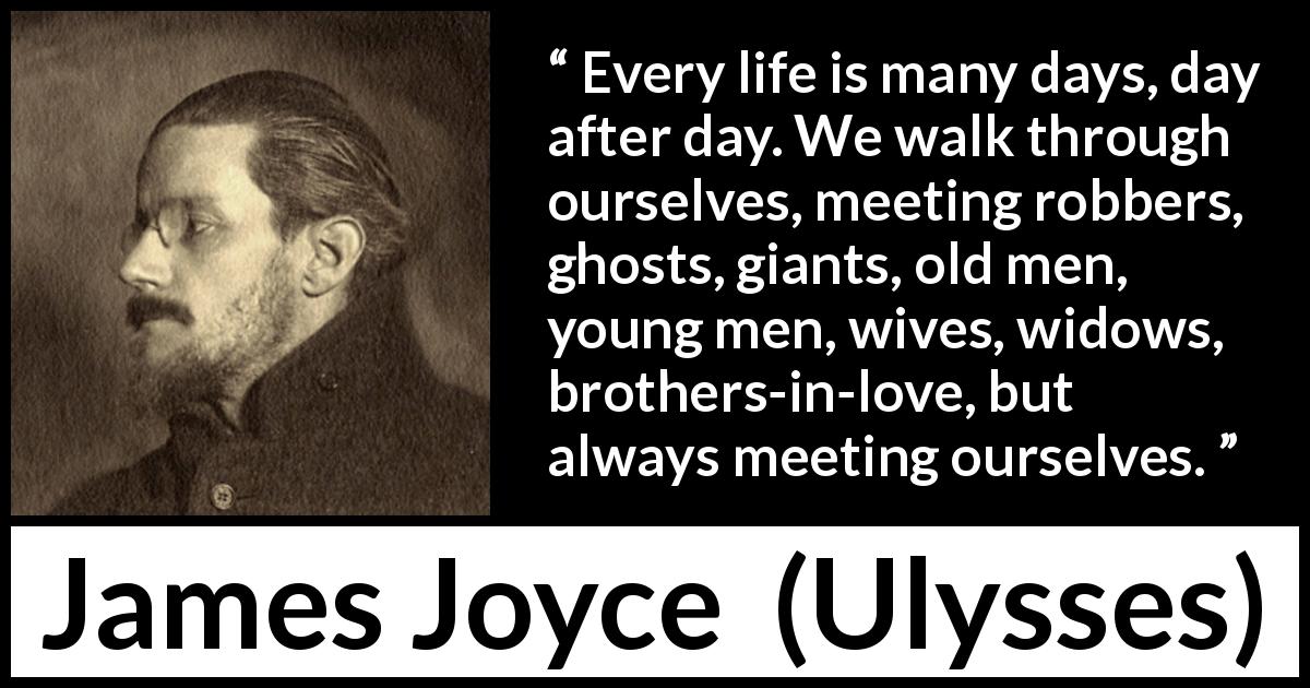 James Joyce quote about life from Ulysses - Every life is many days, day after day. We walk through ourselves, meeting robbers, ghosts, giants, old men, young men, wives, widows, brothers-in-love, but always meeting ourselves.