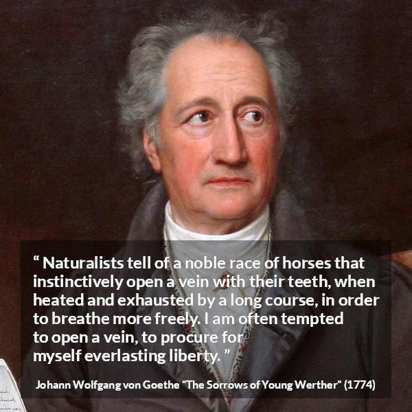 Johann Wolfgang von Goethe quote about death from The Sorrows of Young Werther - Naturalists tell of a noble race of horses that instinctively open a vein with their teeth, when heated and exhausted by a long course, in order to breathe more freely. I am often tempted to open a vein, to procure for myself everlasting liberty.