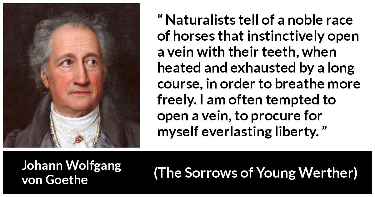 Johann Wolfgang von Goethe quote about death from The Sorrows of Young Werther - Naturalists tell of a noble race of horses that instinctively open a vein with their teeth, when heated and exhausted by a long course, in order to breathe more freely. I am often tempted to open a vein, to procure for myself everlasting liberty.