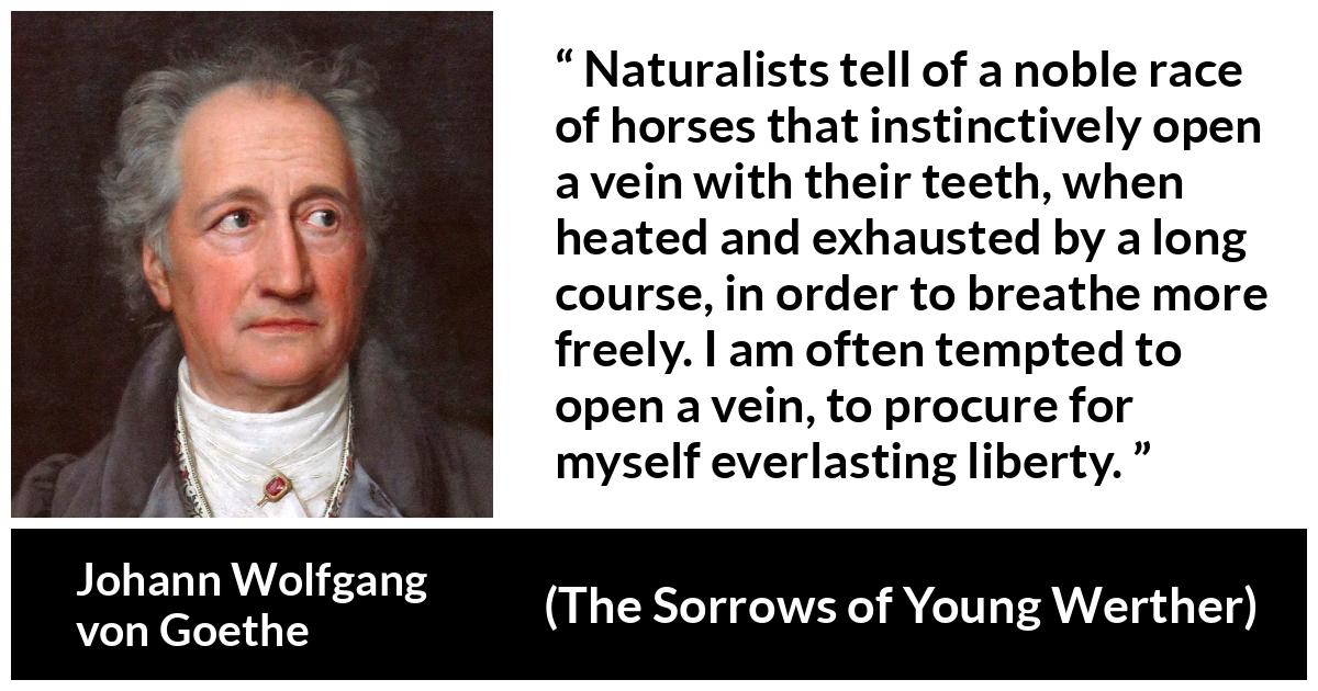 Johann Wolfgang von Goethe quote about death from The Sorrows of Young Werther - Naturalists tell of a noble race of horses that instinctively open a vein with their teeth, when heated and exhausted by a long course, in order to breathe more freely. I am often tempted to open a vein, to procure for myself everlasting liberty.