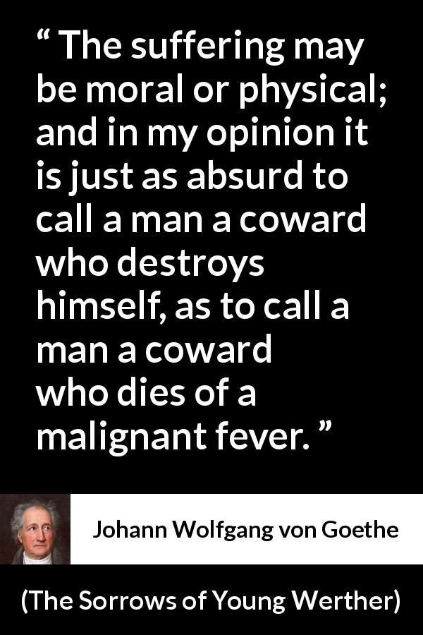 Johann Wolfgang von Goethe quote about mind from The Sorrows of Young Werther - The suffering may be moral or physical; and in my opinion it is just as absurd to call a man a coward who destroys himself, as to call a man a coward who dies of a malignant fever.