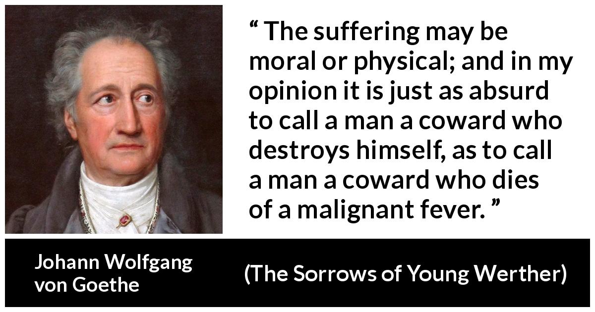 Johann Wolfgang von Goethe quote about mind from The Sorrows of Young Werther - The suffering may be moral or physical; and in my opinion it is just as absurd to call a man a coward who destroys himself, as to call a man a coward who dies of a malignant fever.