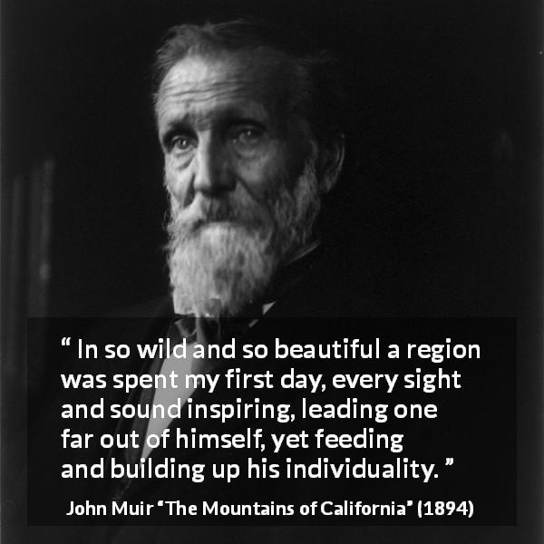 John Muir quote about beauty from The Mountains of California - In so wild and so beautiful a region was spent my first day, every sight and sound inspiring, leading one far out of himself, yet feeding and building up his individuality.
