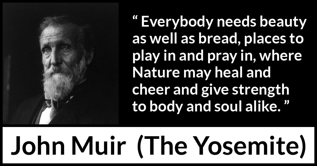 John Muir quote about beauty from The Yosemite - Everybody needs beauty as well as bread, places to play in and pray in, where Nature may heal and cheer and give strength to body and soul alike.