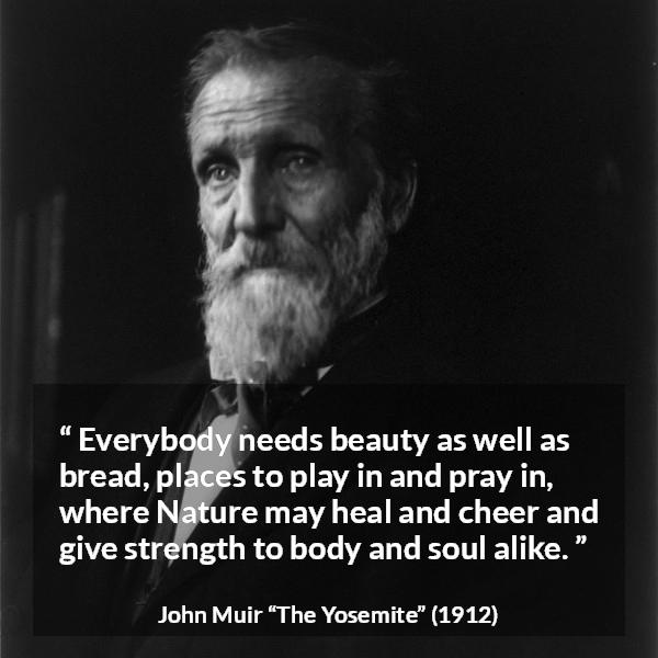 John Muir quote about beauty from The Yosemite - Everybody needs beauty as well as bread, places to play in and pray in, where Nature may heal and cheer and give strength to body and soul alike.