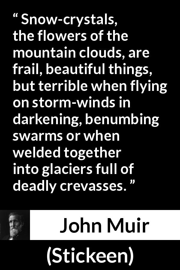 John Muir quote about danger from Stickeen - Snow-crystals, the flowers of the mountain clouds, are frail, beautiful things, but terrible when flying on storm-winds in darkening, benumbing swarms or when welded together into glaciers full of deadly crevasses.