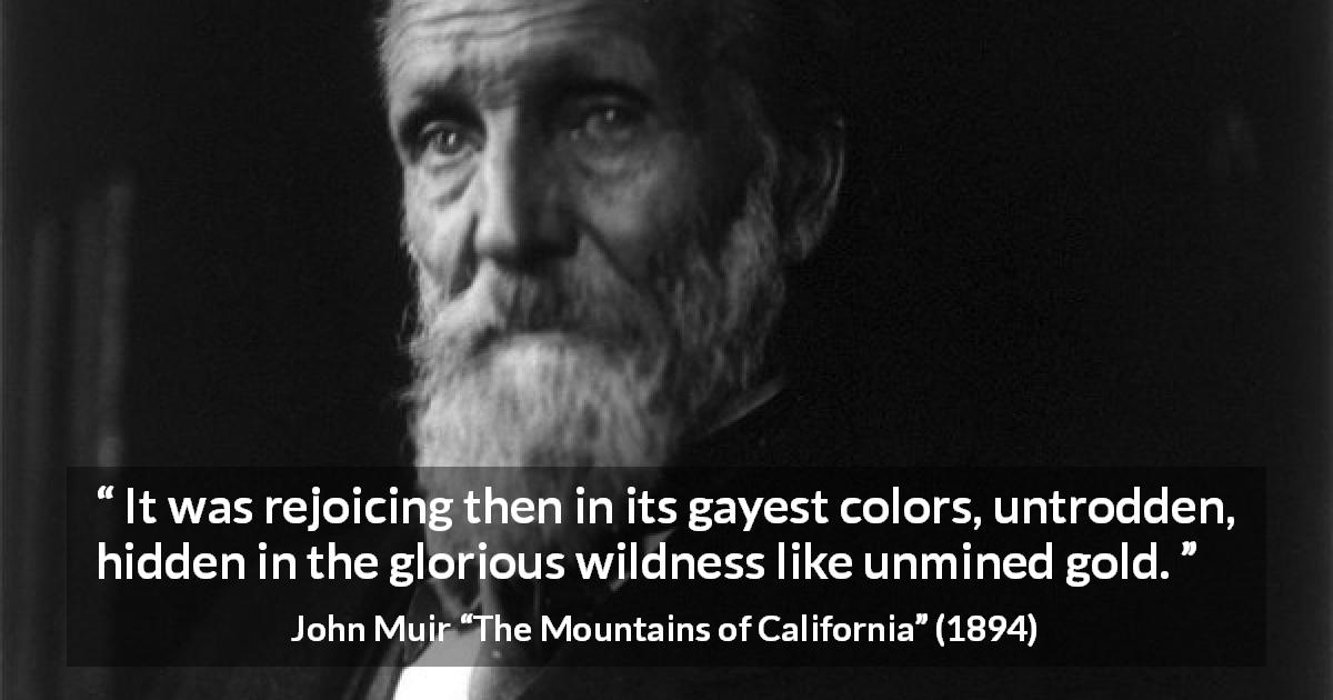 John Muir quote about gold from The Mountains of California - It was rejoicing then in its gayest colors, untrodden, hidden in the glorious wildness like unmined gold.