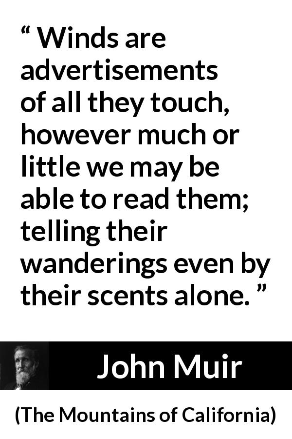 John Muir quote about wind from The Mountains of California - Winds are advertisements of all they touch, however much or little we may be able to read them; telling their wanderings even by their scents alone.