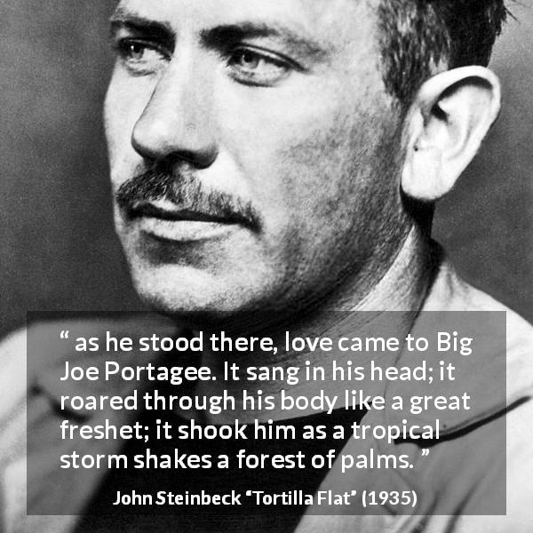 John Steinbeck quote about love from Tortilla Flat - as he stood there, love came to Big Joe Portagee. It sang in his head; it roared through his body like a great freshet; it shook him as a tropical storm shakes a forest of palms.