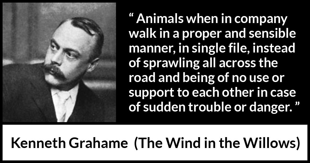 Kenneth Grahame quote about danger from The Wind in the Willows - Animals when in company walk in a proper and sensible manner, in single file, instead of sprawling all across the road and being of no use or support to each other in case of sudden trouble or danger.