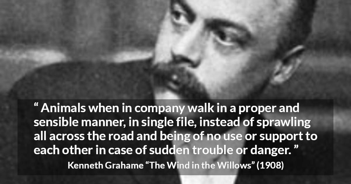 Kenneth Grahame quote about danger from The Wind in the Willows - Animals when in company walk in a proper and sensible manner, in single file, instead of sprawling all across the road and being of no use or support to each other in case of sudden trouble or danger.