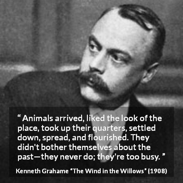 Kenneth Grahame quote about past from The Wind in the Willows - Animals arrived, liked the look of the place, took up their quarters, settled down, spread, and flourished. They didn't bother themselves about the past—they never do; they're too busy.